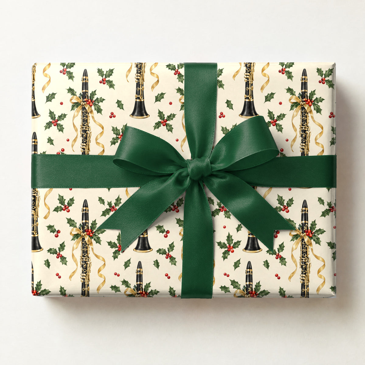 Clarinet Carol Scatter Wrapping Paper, a gift box wrapped in it and tied with a satin ribbon