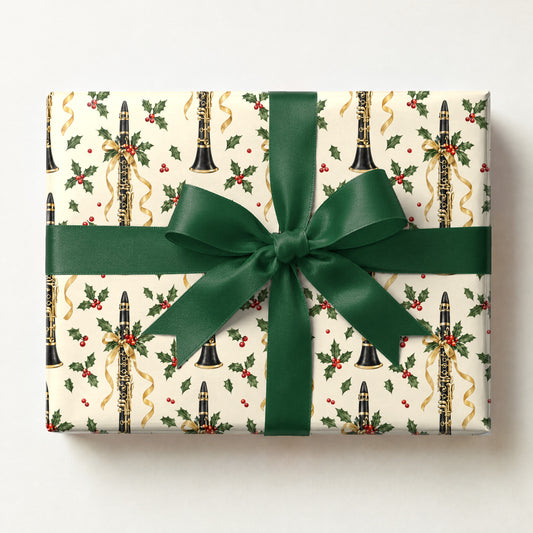 Clarinet Carol Scatter Wrapping Paper, a gift box wrapped in it and tied with a satin ribbon