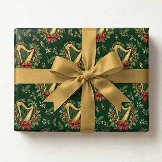 Harp Holly Wreath Wrapping Paper, a gift box wrapped in it and tied with a satin ribbon