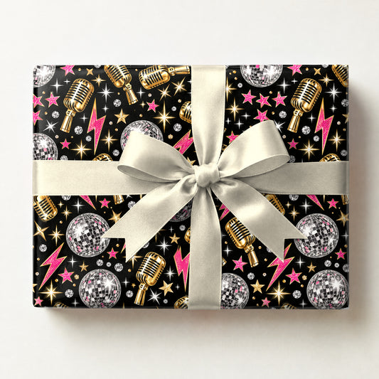 Disco Rock Star Glam Wrapping Paper, a gift box wrapped in it and tied with a satin ribbon