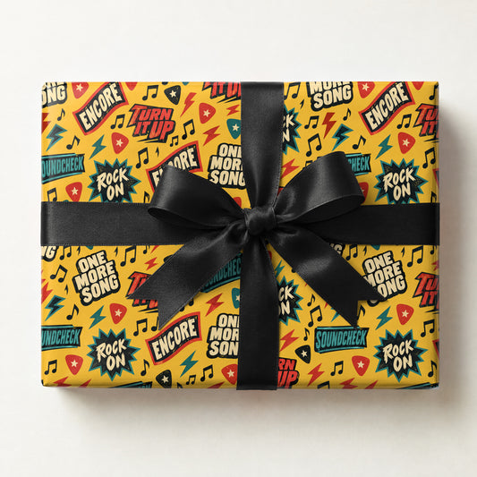 Musician Sayings Wrapping Paper, a gift box wrapped in it and tied with a satin ribbon