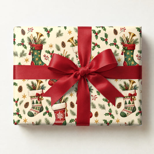 Stocking Full of Instruments Wrapping Paper, a gift box wrapped in it and tied with a satin ribbon