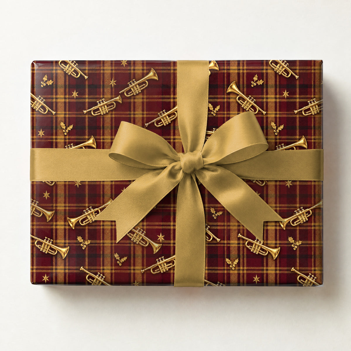 Tartan Trumpet Parade Wrapping Paper, a gift box wrapped in it and tied with a satin ribbon