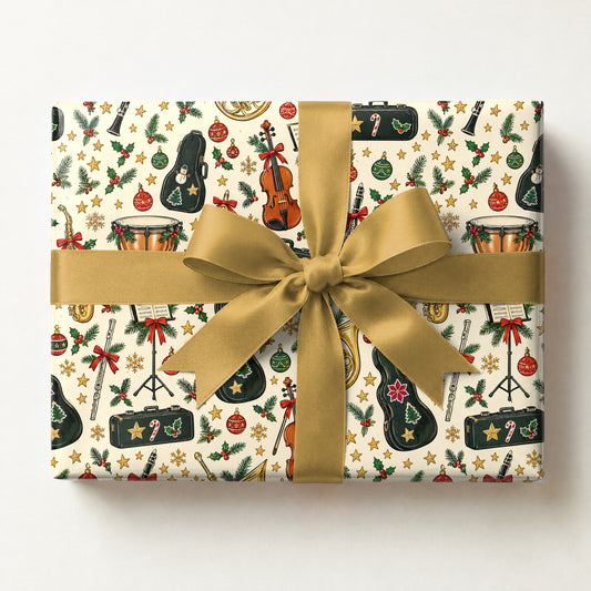 Band Kid Holiday Concert Wrapping Paper, a gift box wrapped in it and tied with a satin ribbon