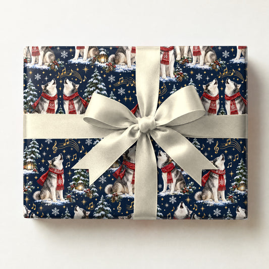 Husky Holiday Choir Wrapping Paper, a gift box wrapped in it and tied with a satin ribbon