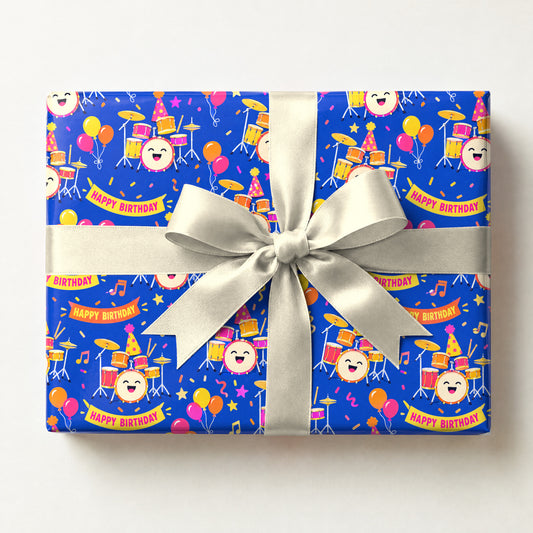 Birthday Drum Confetti Wrapping Paper, a gift box wrapped in it and tied with a satin ribbon