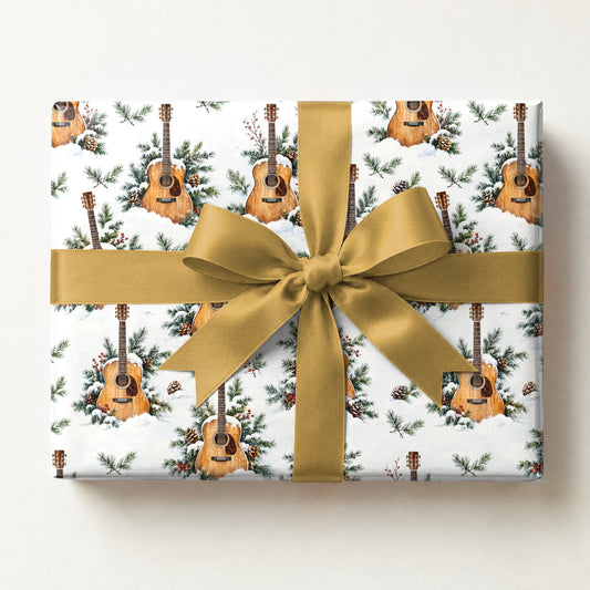 Acoustic Guitar Snowdrift Wrapping Paper, a gift box wrapped in it and tied with a satin ribbon