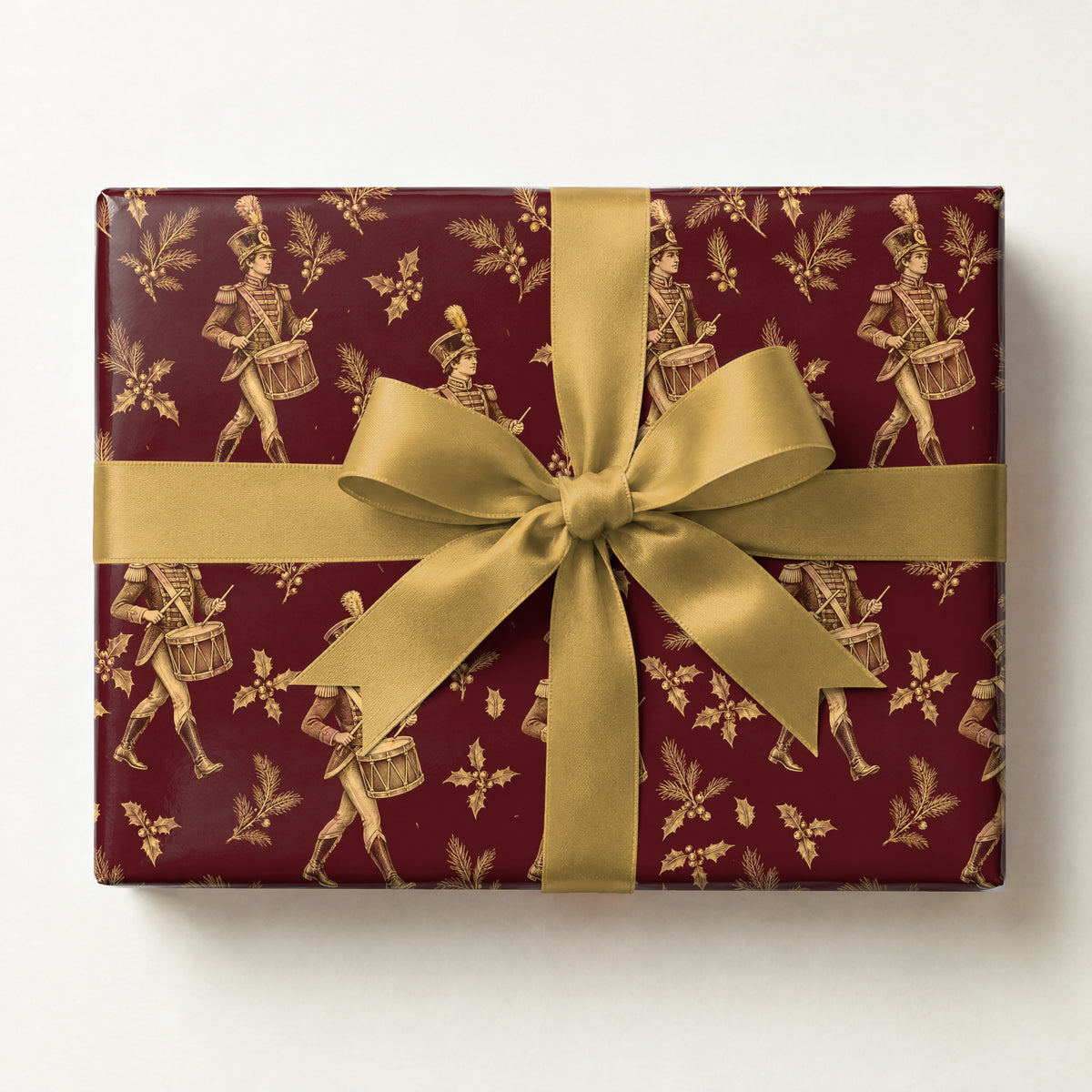 Drummers Drumming Toile Wrapping Paper, a gift box wrapped in it and tied with a satin ribbon