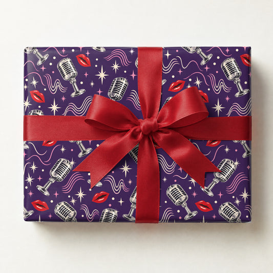 Retro Microphone Wrapping Paper, a gift box wrapped in it and tied with a satin ribbon