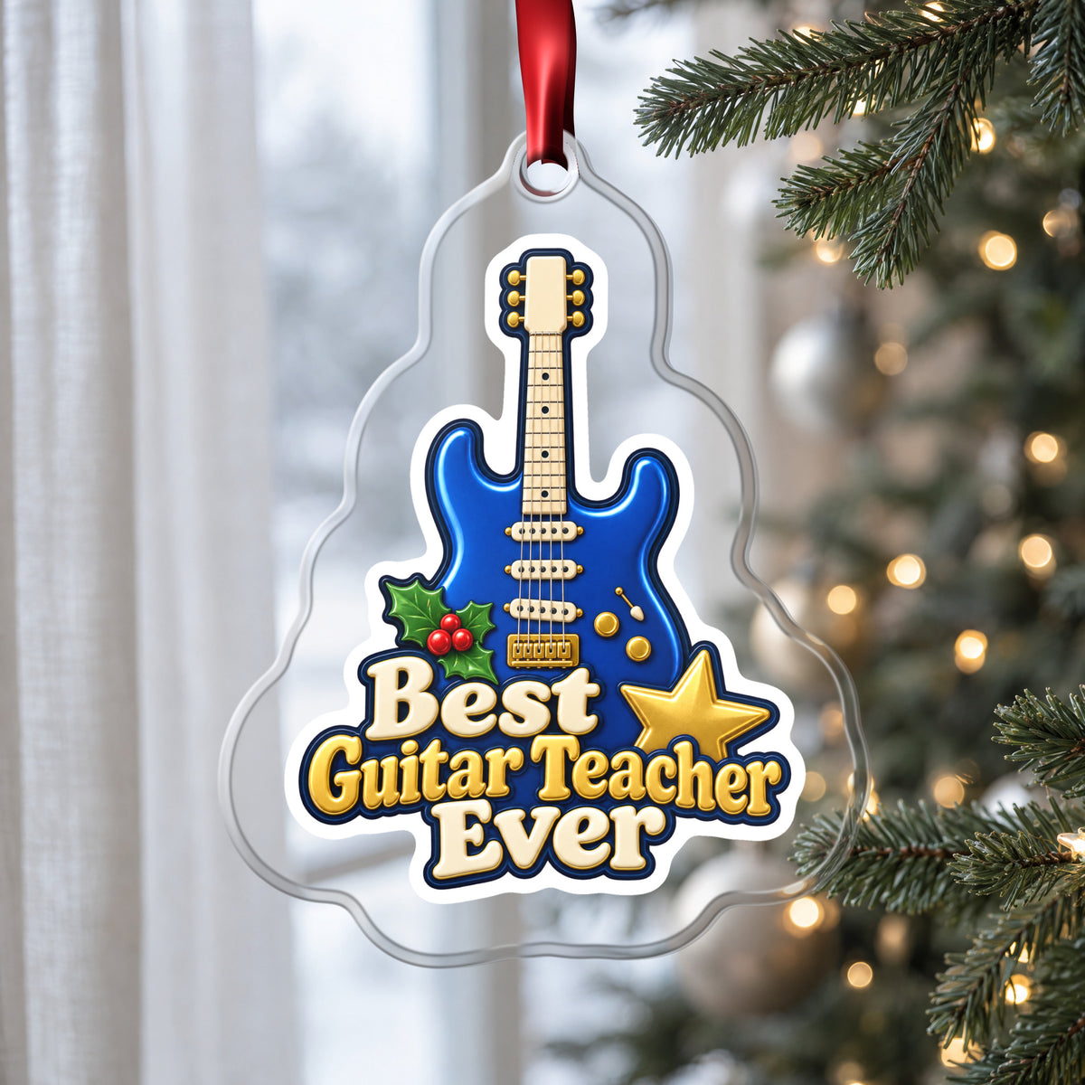 Best Guitar Teacher Ever clear acrylic Christmas ornament hanging on a Christmas tree by a window in soft daylight