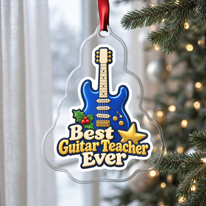 Best Guitar Teacher Ever clear acrylic Christmas ornament hanging on a Christmas tree by a window in soft daylight