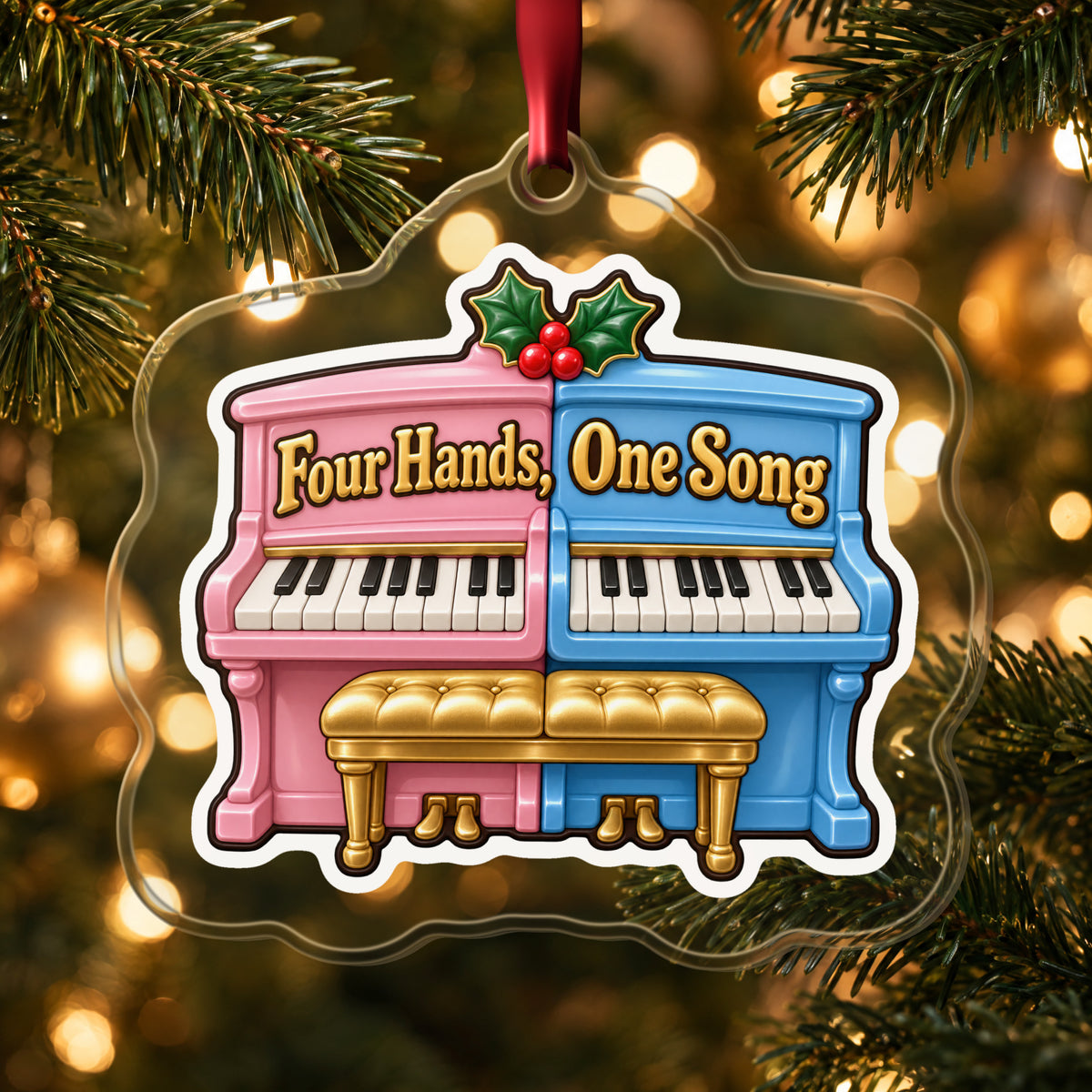 Four Hands, One Song Piano Duet clear acrylic Christmas ornament hanging on a lit Christmas tree with warm gold lights