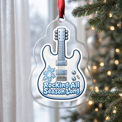 Rocking All Season Electric Guitar clear acrylic Christmas ornament hanging on a Christmas tree by a window in soft daylight