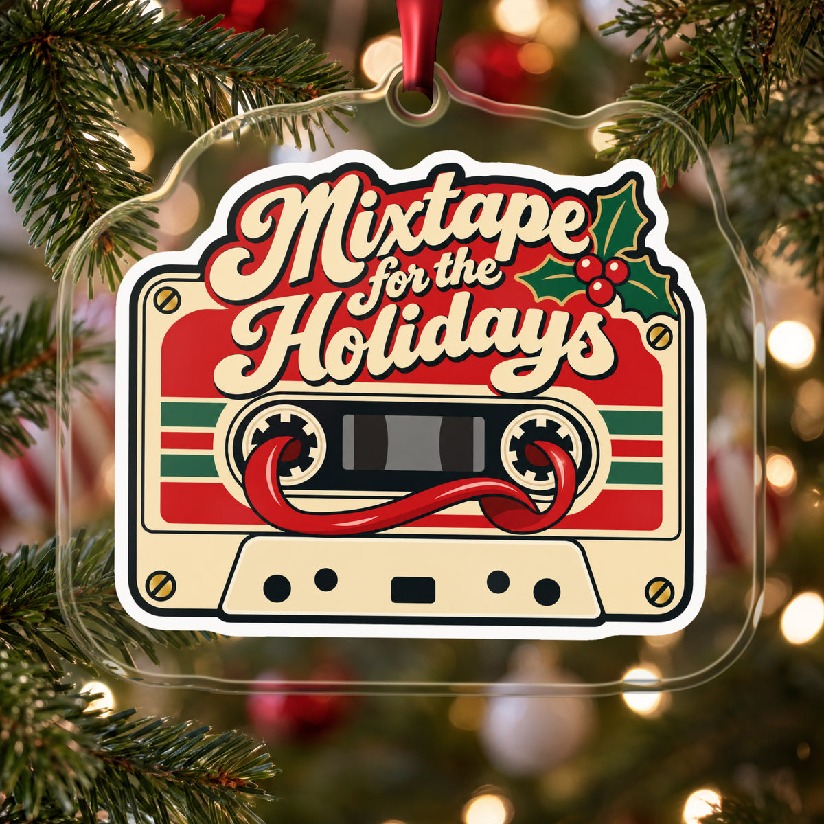 Mixtape for the Holidays Cassette clear acrylic Christmas ornament hanging on a Christmas tree with red and white baubles