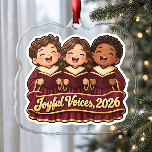 Joyful Voices 2026 Choir clear acrylic Christmas ornament hanging on a Christmas tree by a window in soft daylight