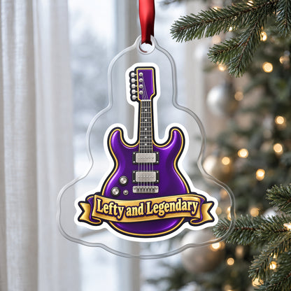 Lefty and Legendary Electric Guitar clear acrylic Christmas ornament hanging on a Christmas tree by a window in soft daylight