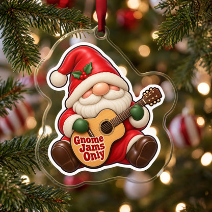 Gnome Jams Only Guitar Gnome clear acrylic Christmas ornament hanging on a Christmas tree with red and white baubles