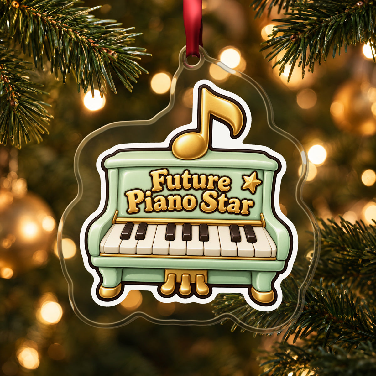 Future Piano Star clear acrylic Christmas ornament hanging on a lit Christmas tree with warm gold lights