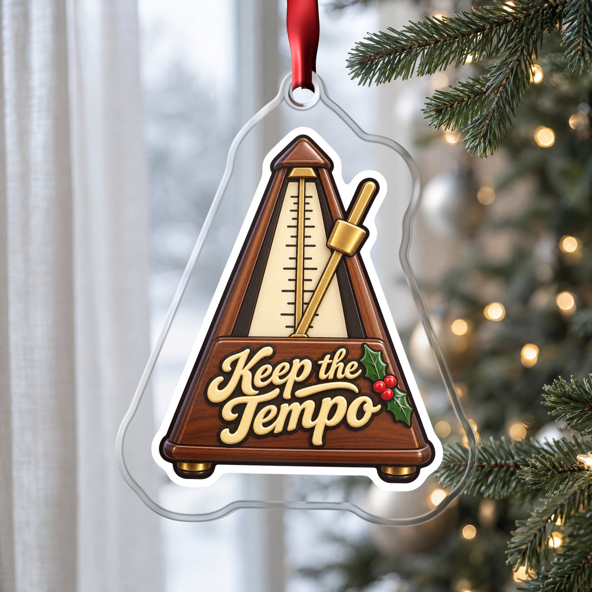 Keep the Tempo Metronome clear acrylic Christmas ornament hanging on a Christmas tree by a window in soft daylight