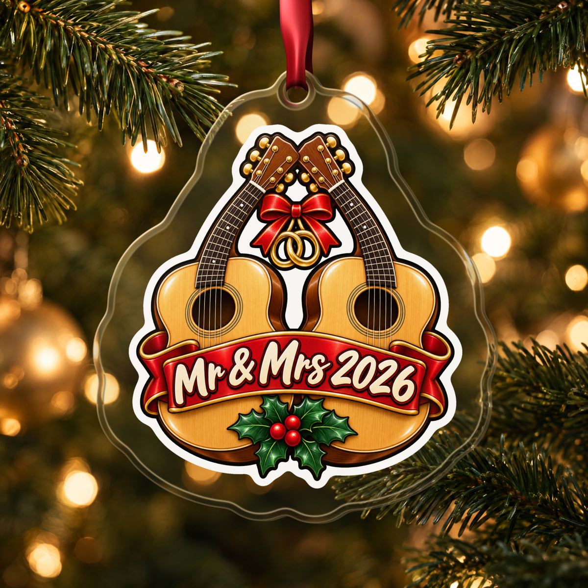 Mr & Mrs First Christmas 2026 Guitar clear acrylic Christmas ornament hanging on a lit Christmas tree with warm gold lights