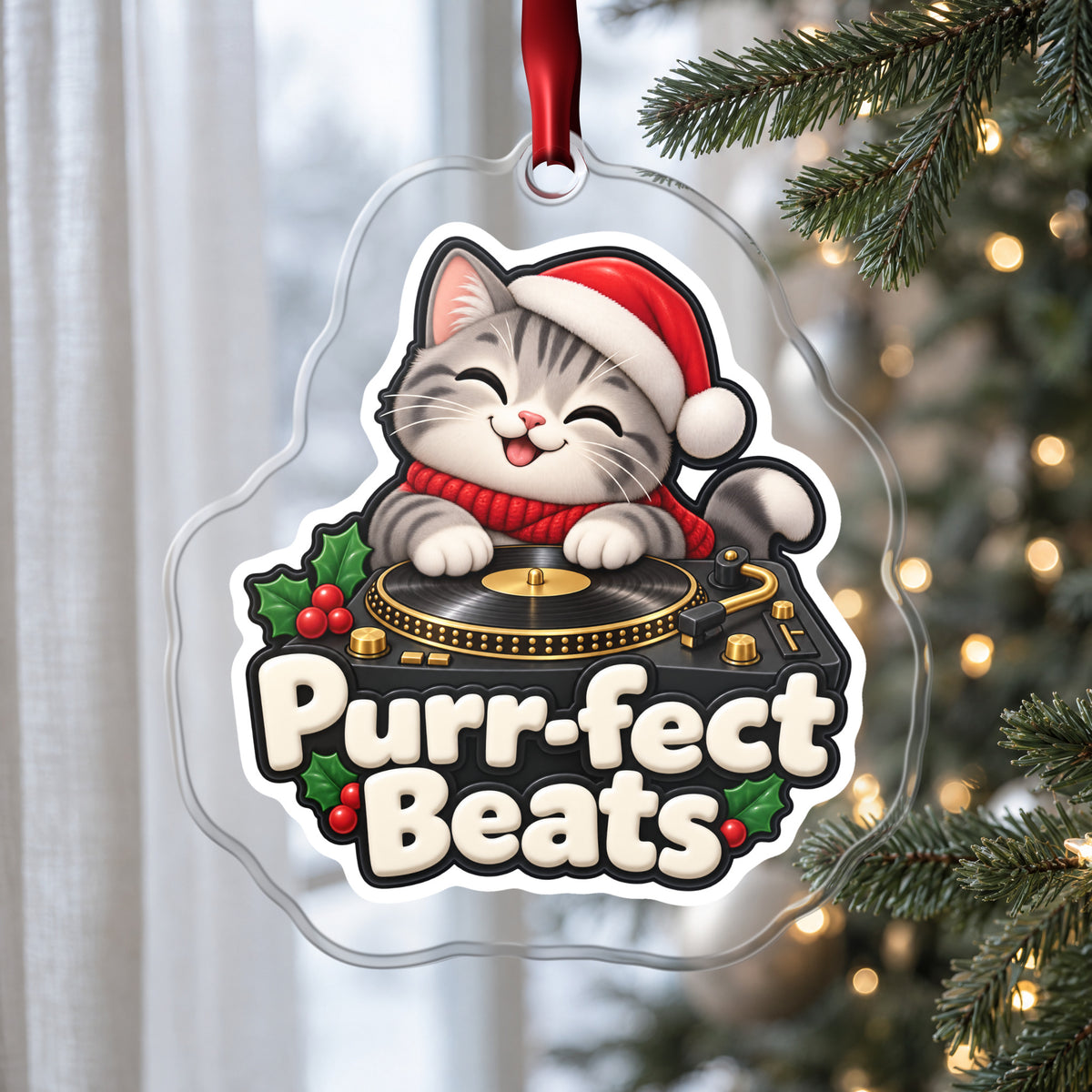 Purr-fect Beats Cat DJ clear acrylic Christmas ornament hanging on a Christmas tree by a window in soft daylight