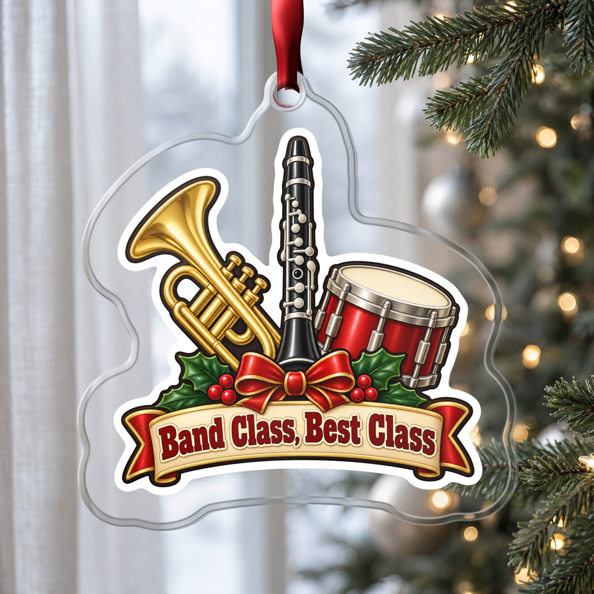 Band Class, Best Class School Band clear acrylic Christmas ornament hanging on a Christmas tree by a window in soft daylight