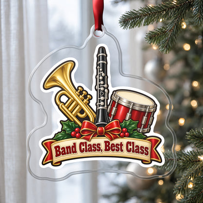 Band Class, Best Class School Band clear acrylic Christmas ornament hanging on a Christmas tree by a window in soft daylight
