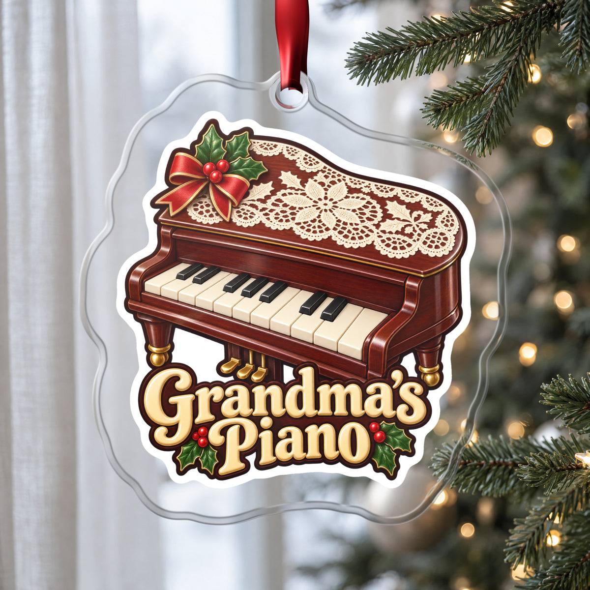 Grandma's Piano clear acrylic Christmas ornament hanging on a Christmas tree by a window in soft daylight