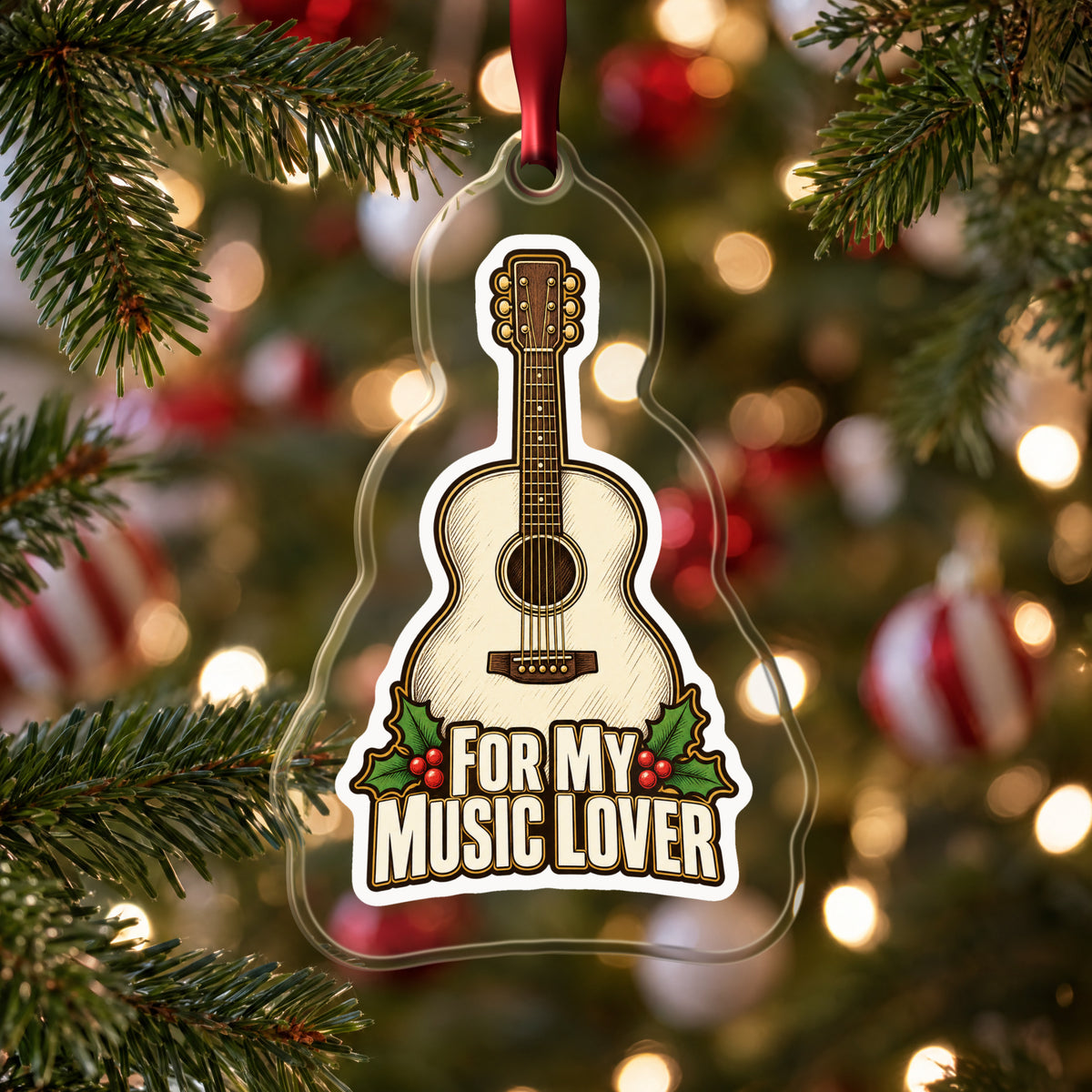 For My Music Lover Acoustic Guitar clear acrylic Christmas ornament hanging on a Christmas tree with red and white baubles