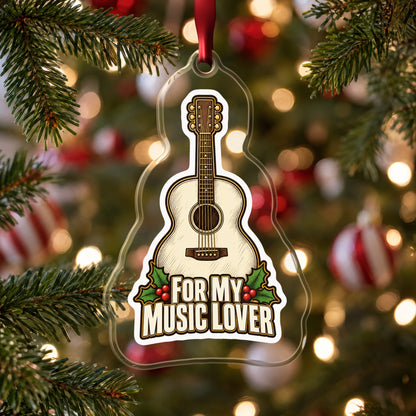 For My Music Lover Acoustic Guitar clear acrylic Christmas ornament hanging on a Christmas tree with red and white baubles
