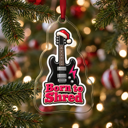 Born to Shred Electric Guitar clear acrylic Christmas ornament hanging on a Christmas tree with red and white baubles