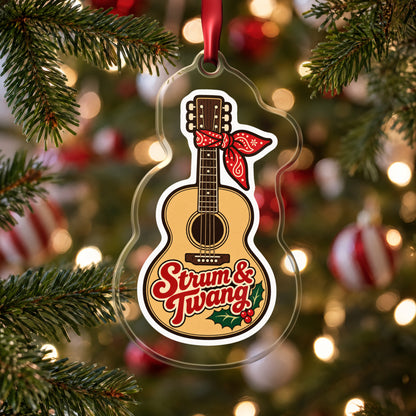 Strum & Twang Country Guitar clear acrylic Christmas ornament hanging on a Christmas tree with red and white baubles