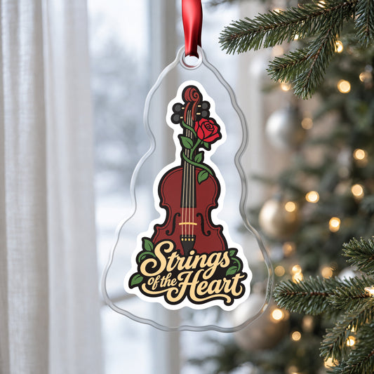 Strings of the Heart Violin clear acrylic Christmas ornament hanging on a Christmas tree by a window in soft daylight