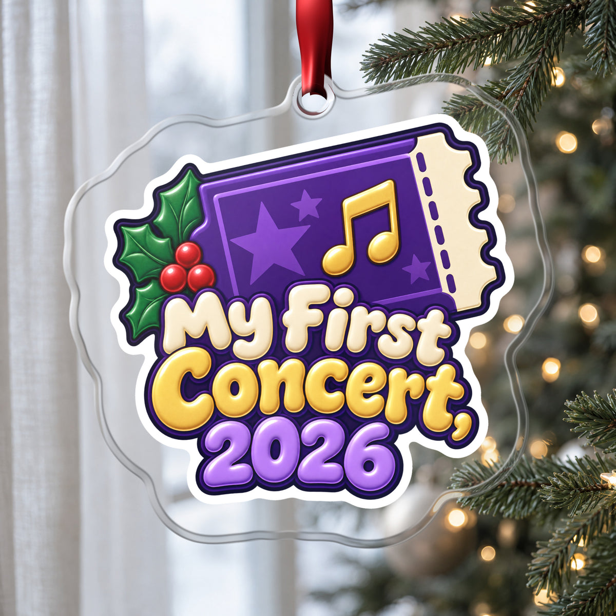My First Concert 2026 Ticket clear acrylic Christmas ornament hanging on a Christmas tree by a window in soft daylight