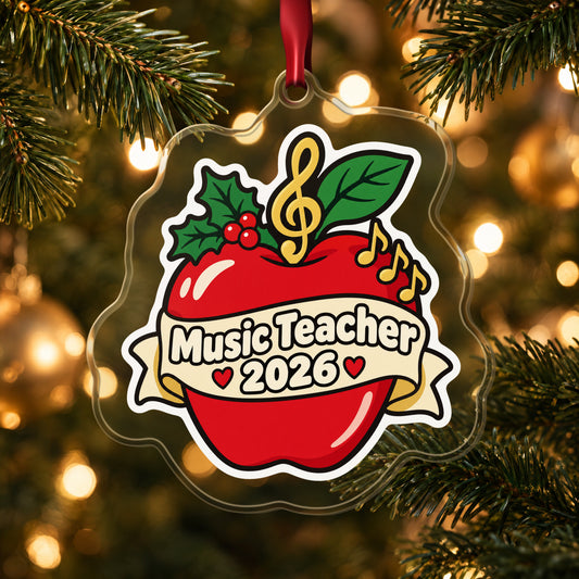 Music Teacher 2026 clear acrylic Christmas ornament hanging on a lit Christmas tree with warm gold lights