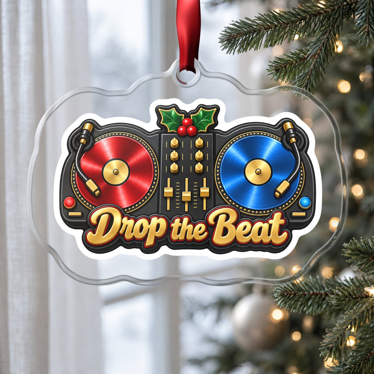 Drop the Beat DJ Turntables clear acrylic Christmas ornament hanging on a Christmas tree by a window in soft daylight