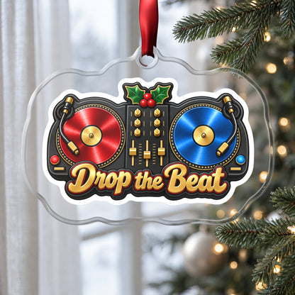 Drop the Beat DJ Turntables clear acrylic Christmas ornament hanging on a Christmas tree by a window in soft daylight