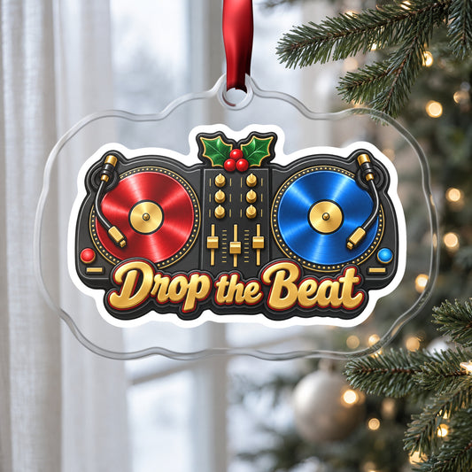 Drop the Beat DJ Turntables clear acrylic Christmas ornament hanging on a Christmas tree by a window in soft daylight