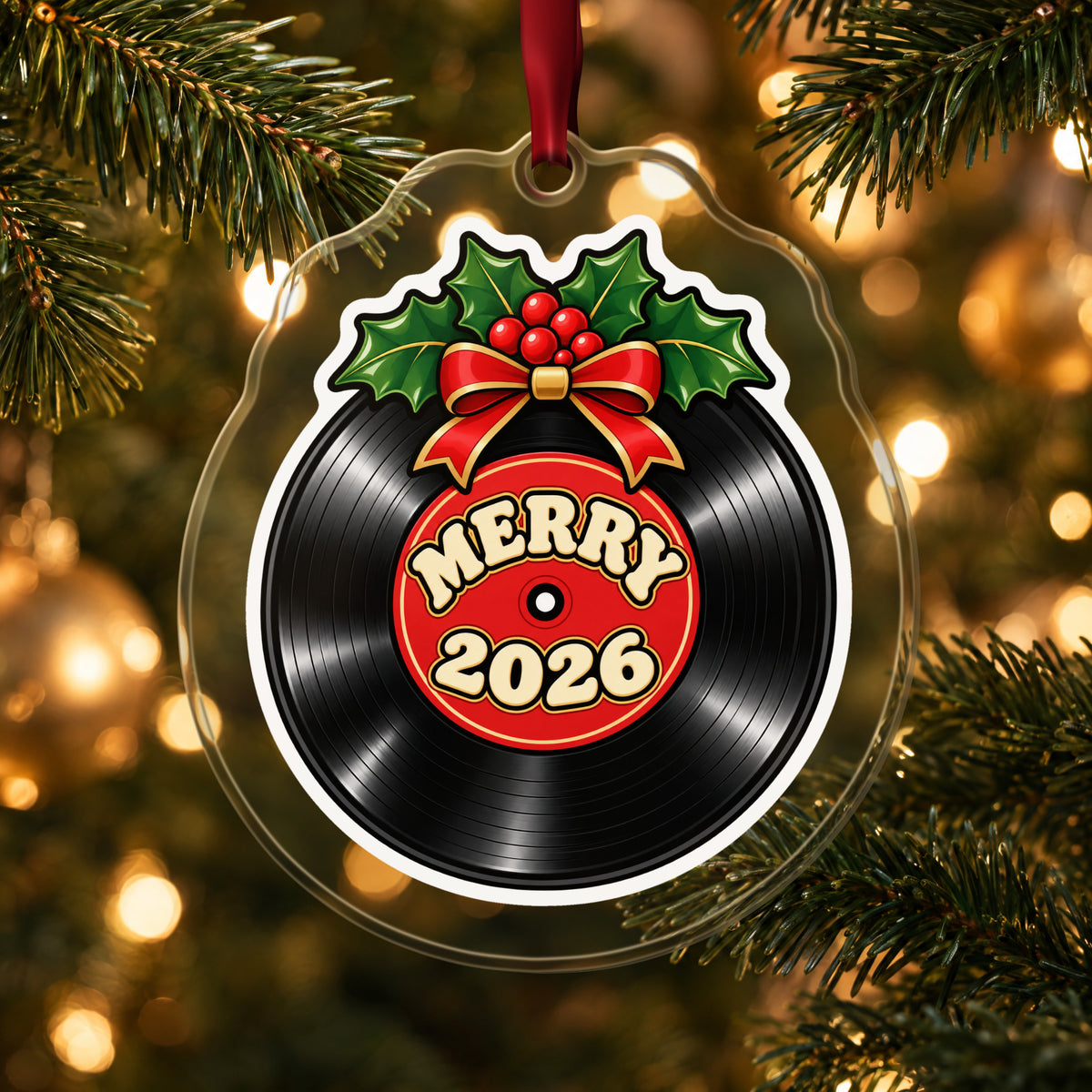 Merry 2026 Vinyl Record clear acrylic Christmas ornament hanging on a lit Christmas tree with warm gold lights