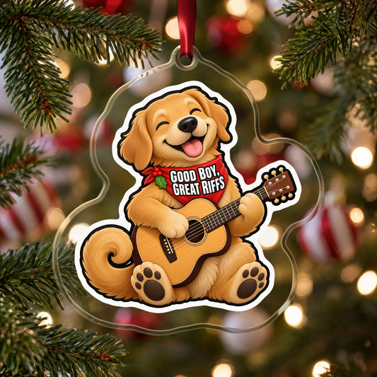 Good Boy, Great Riffs Dog Guitar clear acrylic Christmas ornament hanging on a Christmas tree with red and white baubles