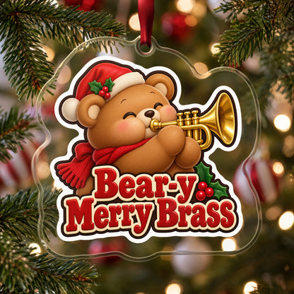 Bear-y Merry Brass Teddy Bear Trumpet clear acrylic Christmas ornament hanging on a Christmas tree with red and white baubles
