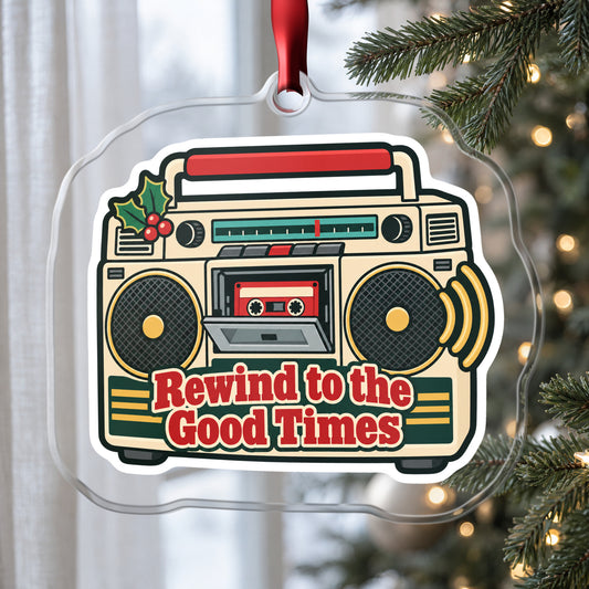 Rewind to the Good Times Boombox clear acrylic Christmas ornament hanging on a Christmas tree by a window in soft daylight