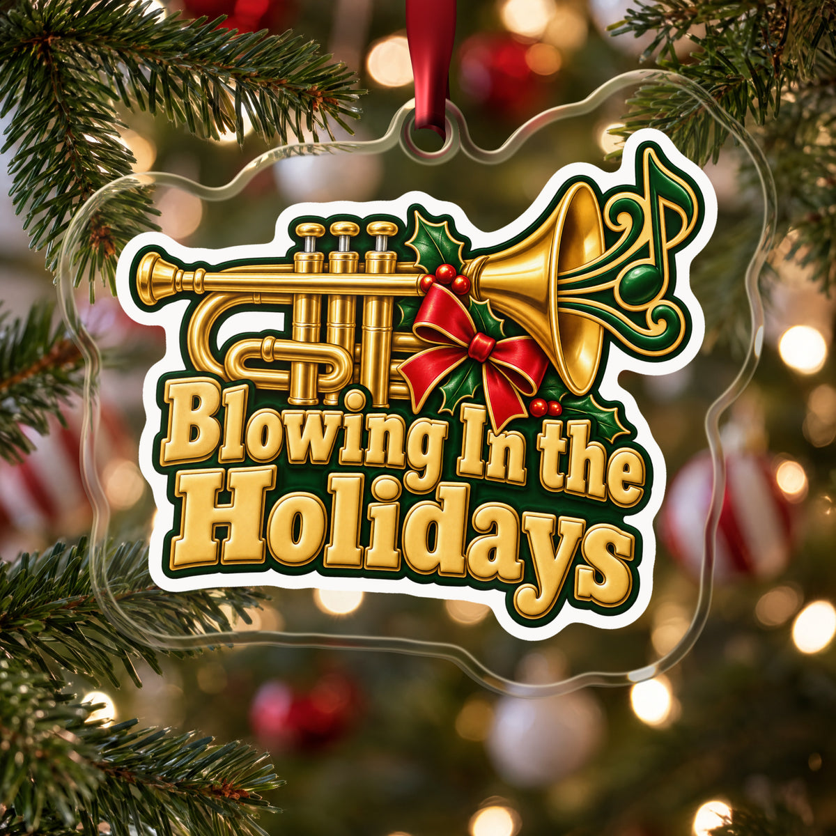 Blowing In the Holidays Trumpet clear acrylic Christmas ornament hanging on a Christmas tree with red and white baubles