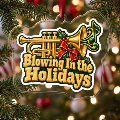 Blowing In the Holidays Trumpet clear acrylic Christmas ornament hanging on a Christmas tree with red and white baubles