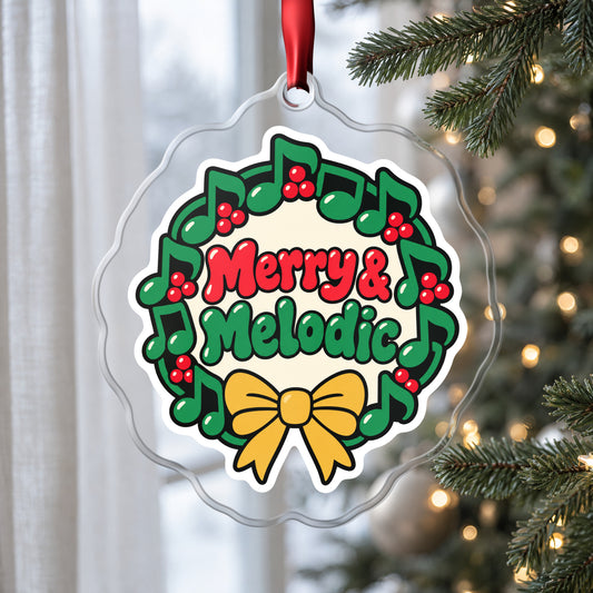 Merry & Melodic Music Note Wreath clear acrylic Christmas ornament hanging on a Christmas tree by a window in soft daylight