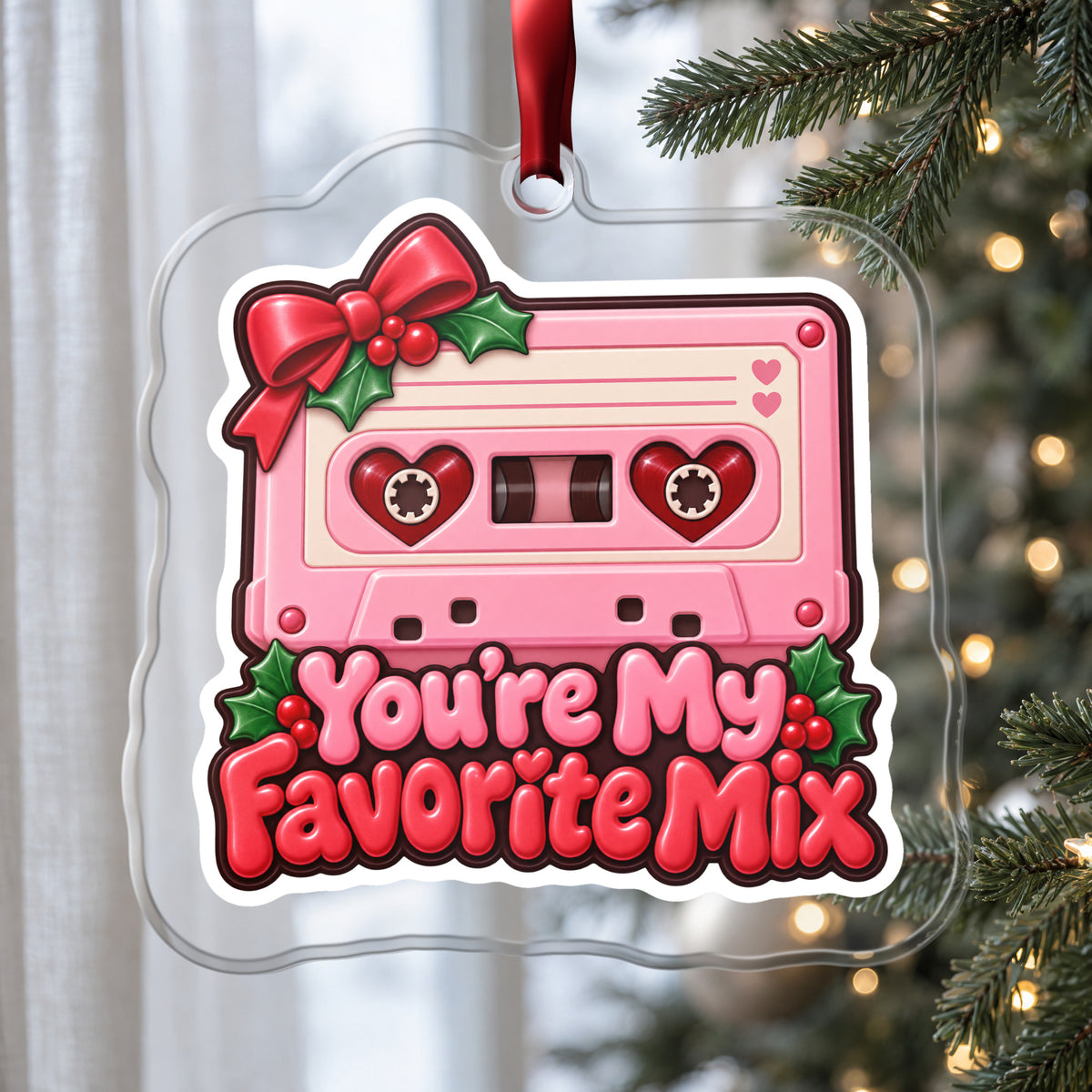 You're My Favorite Mix Cassette clear acrylic Christmas ornament hanging on a Christmas tree by a window in soft daylight