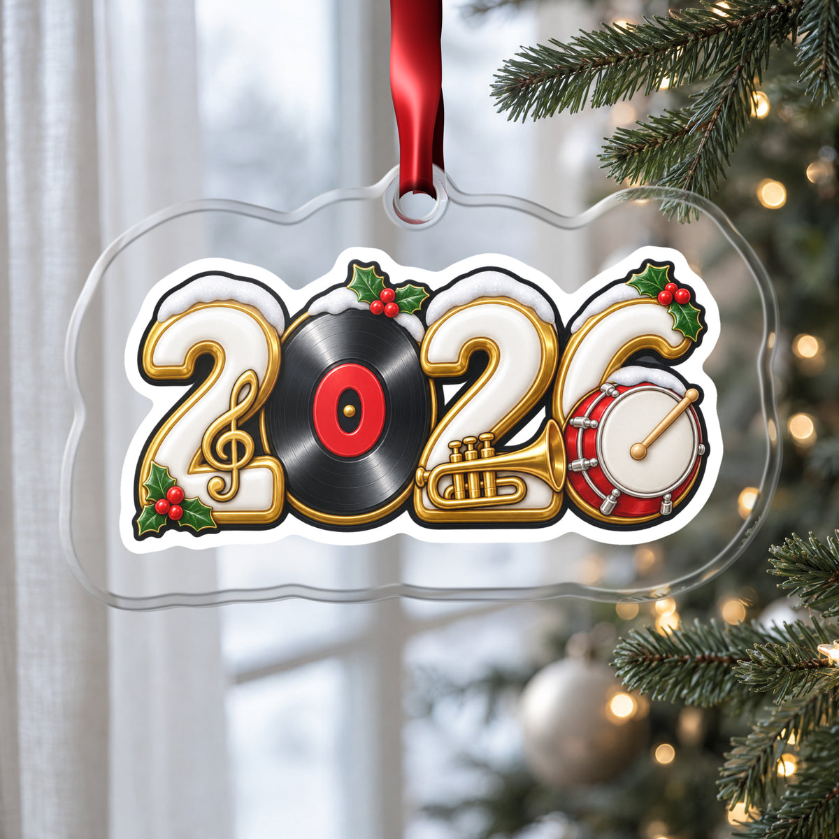 2026 Music Lover clear acrylic Christmas ornament hanging on a Christmas tree by a window in soft daylight