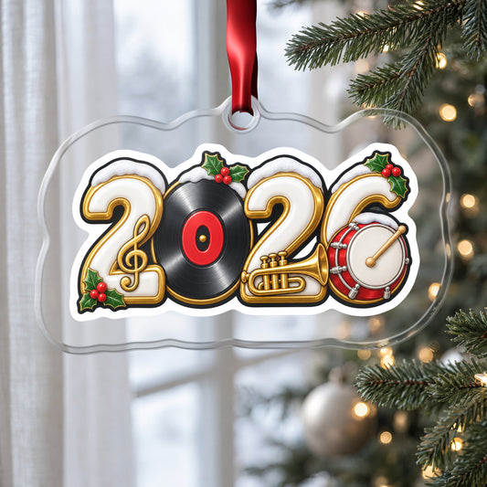 2026 Music Lover clear acrylic Christmas ornament hanging on a Christmas tree by a window in soft daylight