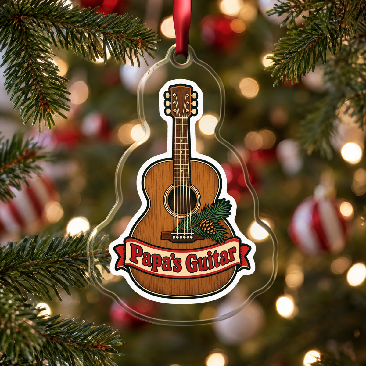 Papa's Guitar Christmas Ornament for Grandpa clear acrylic Christmas ornament hanging on a Christmas tree with red and white baubles