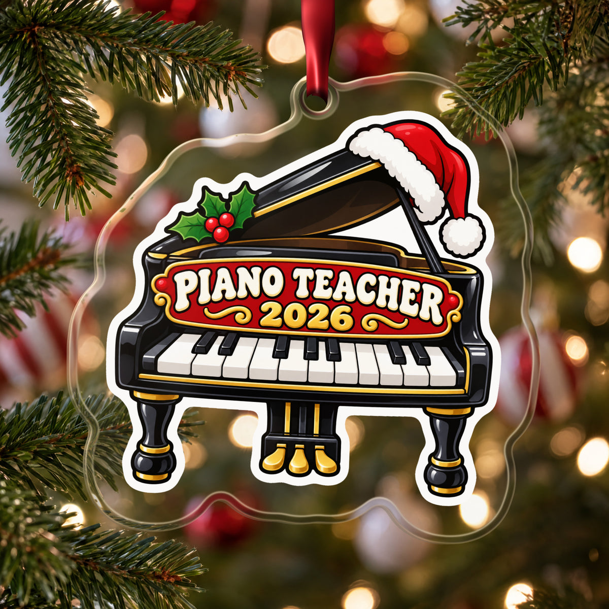 Piano Teacher 2026 clear acrylic Christmas ornament hanging on a Christmas tree with red and white baubles
